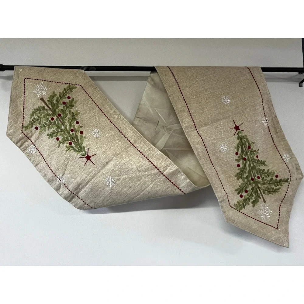 Christmas Tree Embroidered Table Runner Gold Metallic Snowflakes Neutral 72